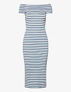 Striped Off-the-Shoulder Midi Dress - WHITE/PALE AZURE