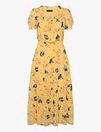 Floral Georgette Puff-Sleeve Midi Dress - YELLOW MULTI