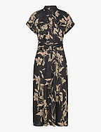Floral Belted Linen Shirtdress - BLACK/TAN