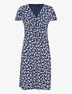Floral Stretch Jersey Surplice Dress - BLUE/CREAM