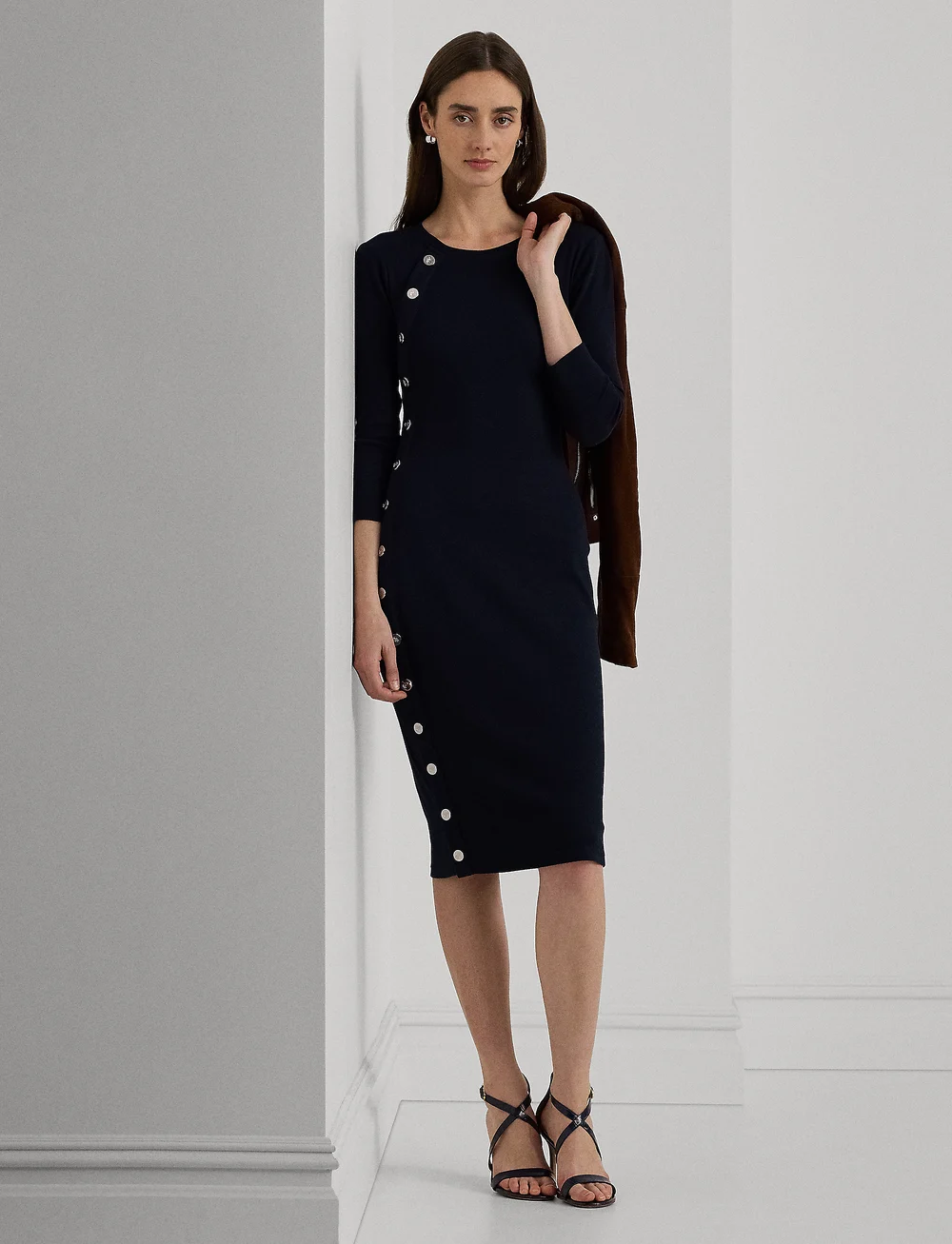 Lauren Ralph Lauren Button trim Rib knit Cotton blend Dress Midi dresses Boozt