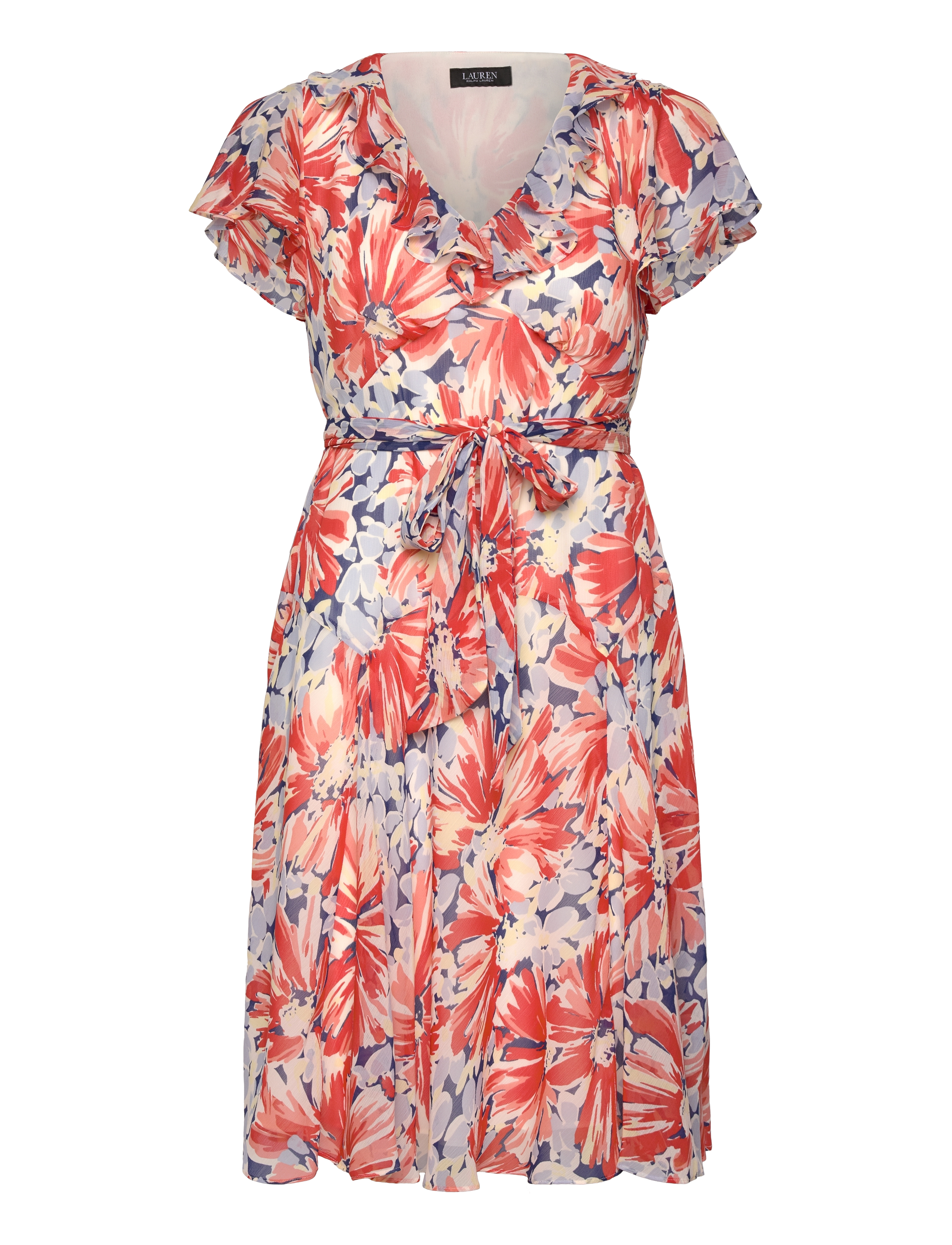 Lauren Ralph Floral Georgette Flutter-Sleeve Dress, 34, Dresses, Orange - Knee-length & Midi, Frauen
