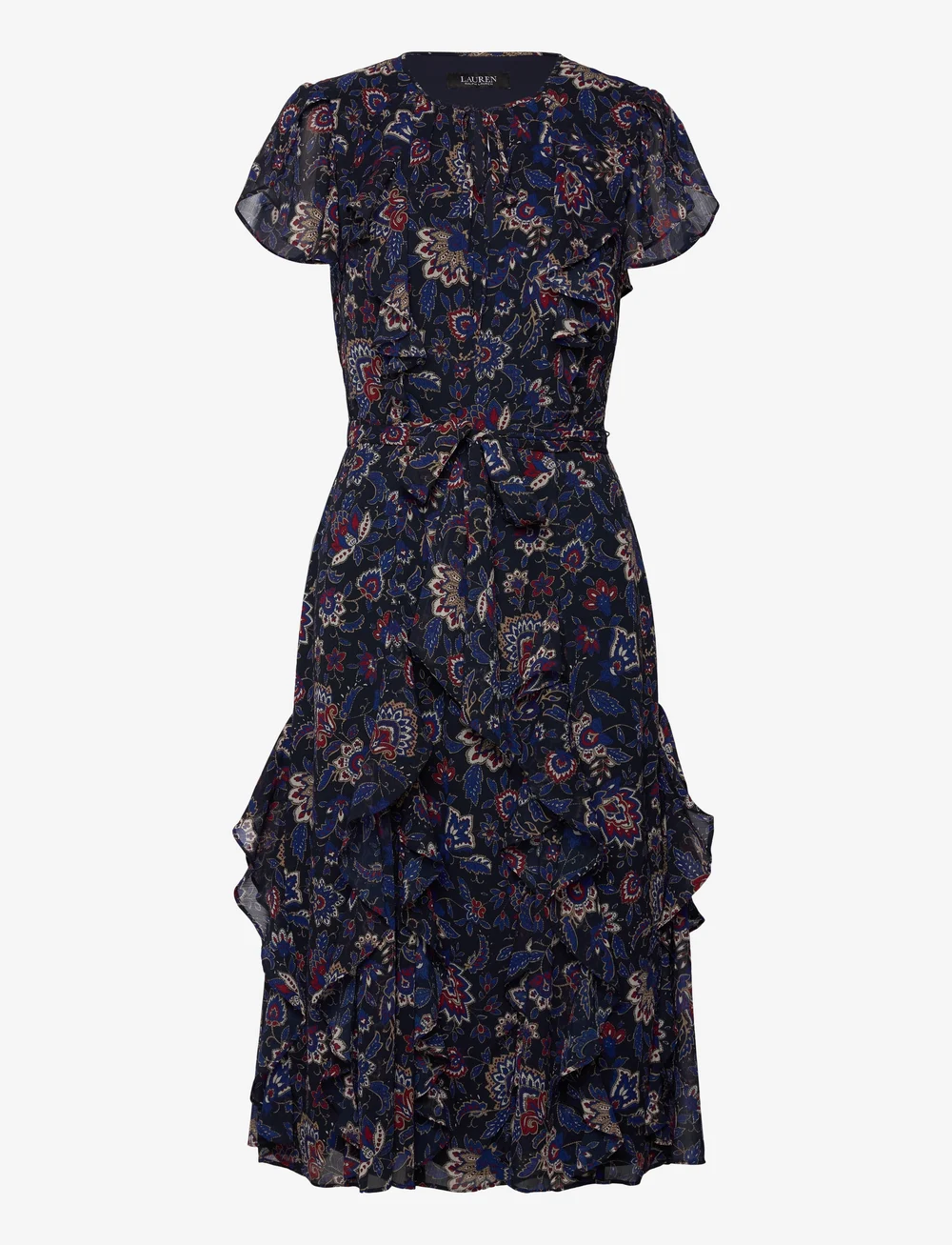 Lauren Ralph Lauren - Floral Ruffle-Trim Georgette Dress - cocktailklänningar - navy multi - 0