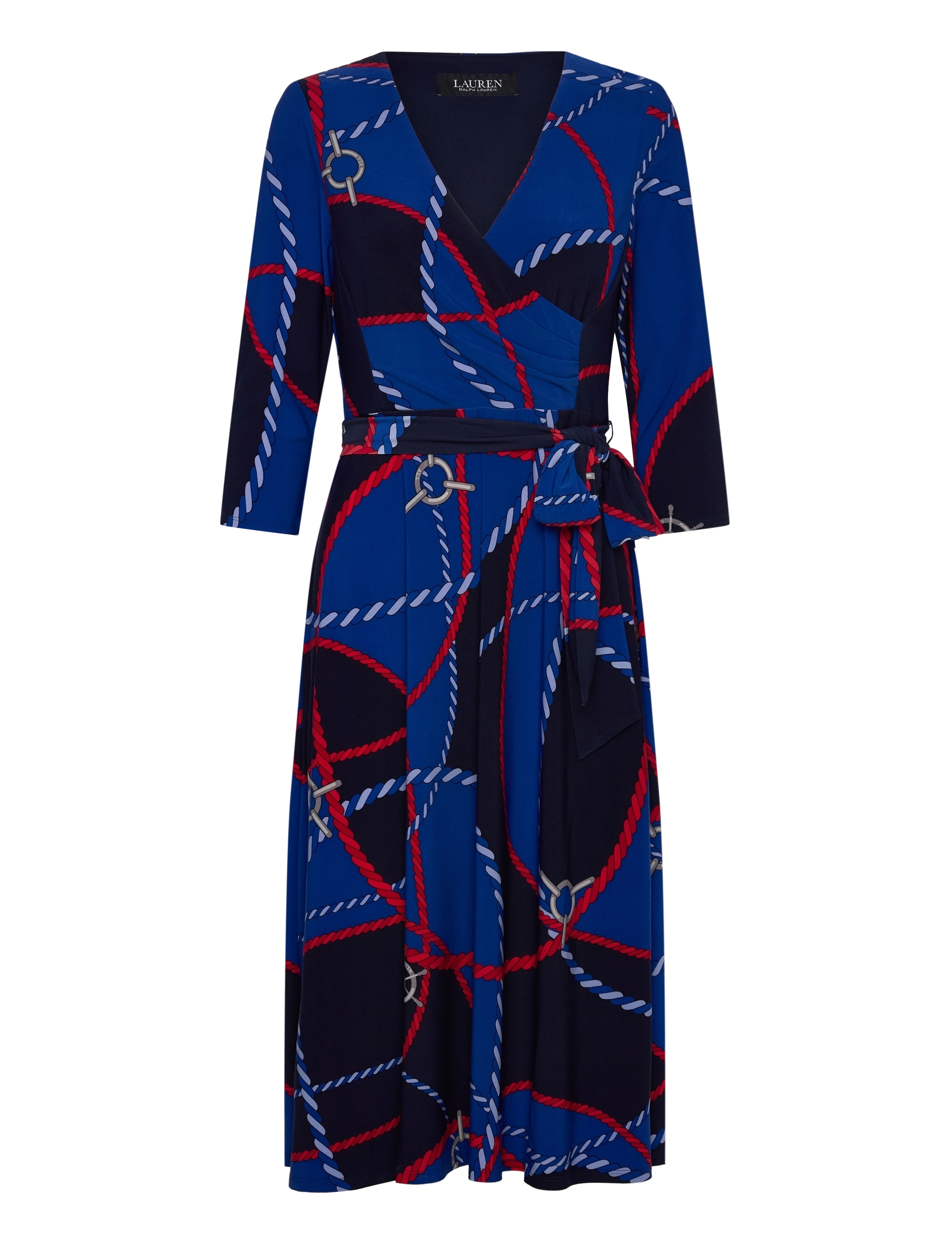 LAUREN RALPH LAUREN Rope-Print Surplice Stretch Jersey Kleid Blau - 32 - Damen
