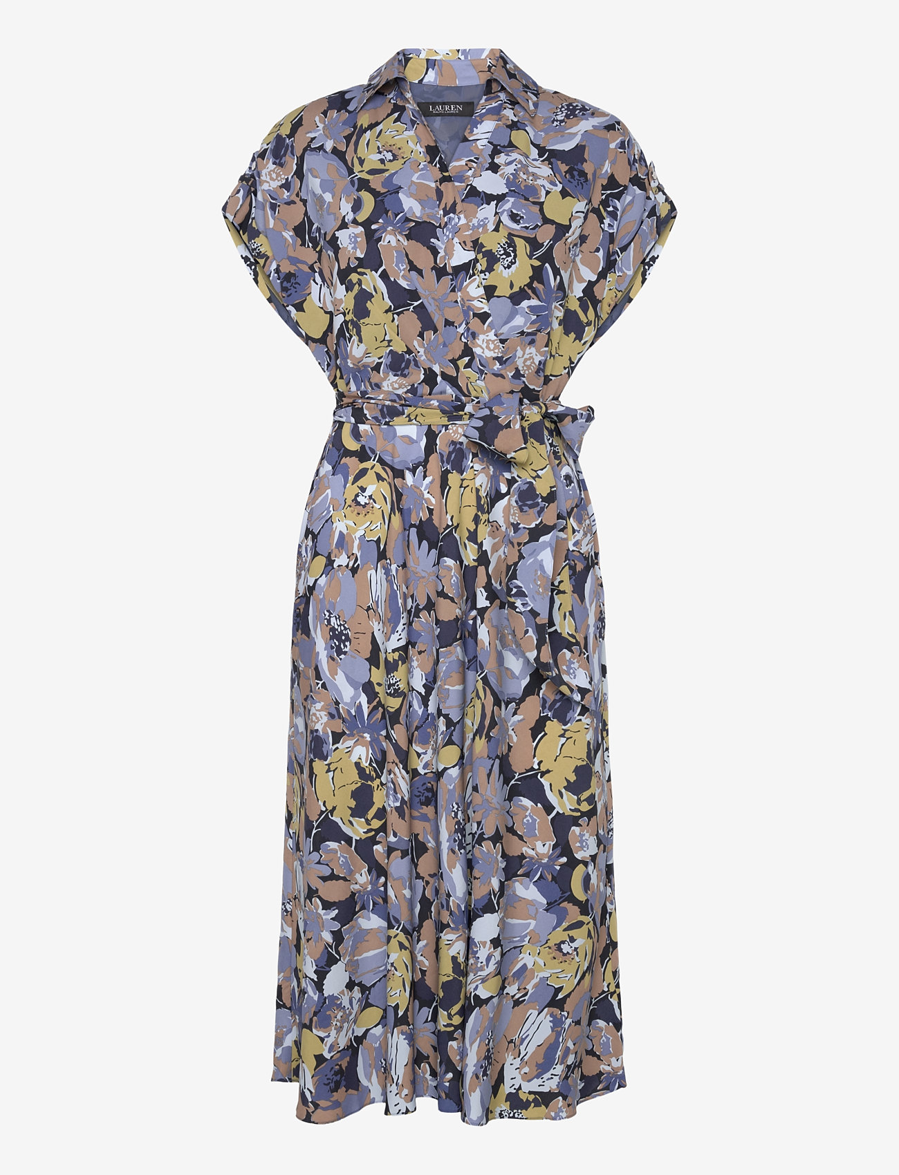 Lauren Ralph Lauren - Floral Belted Crepe Dress - skjortekjoler - blue multi - 0