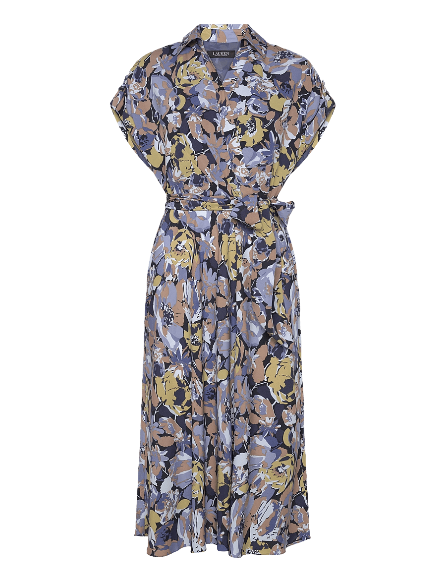 Lauren Ralph Lauren - Floral Belted Crepe Dress - hemdkleider - blue multi - 0