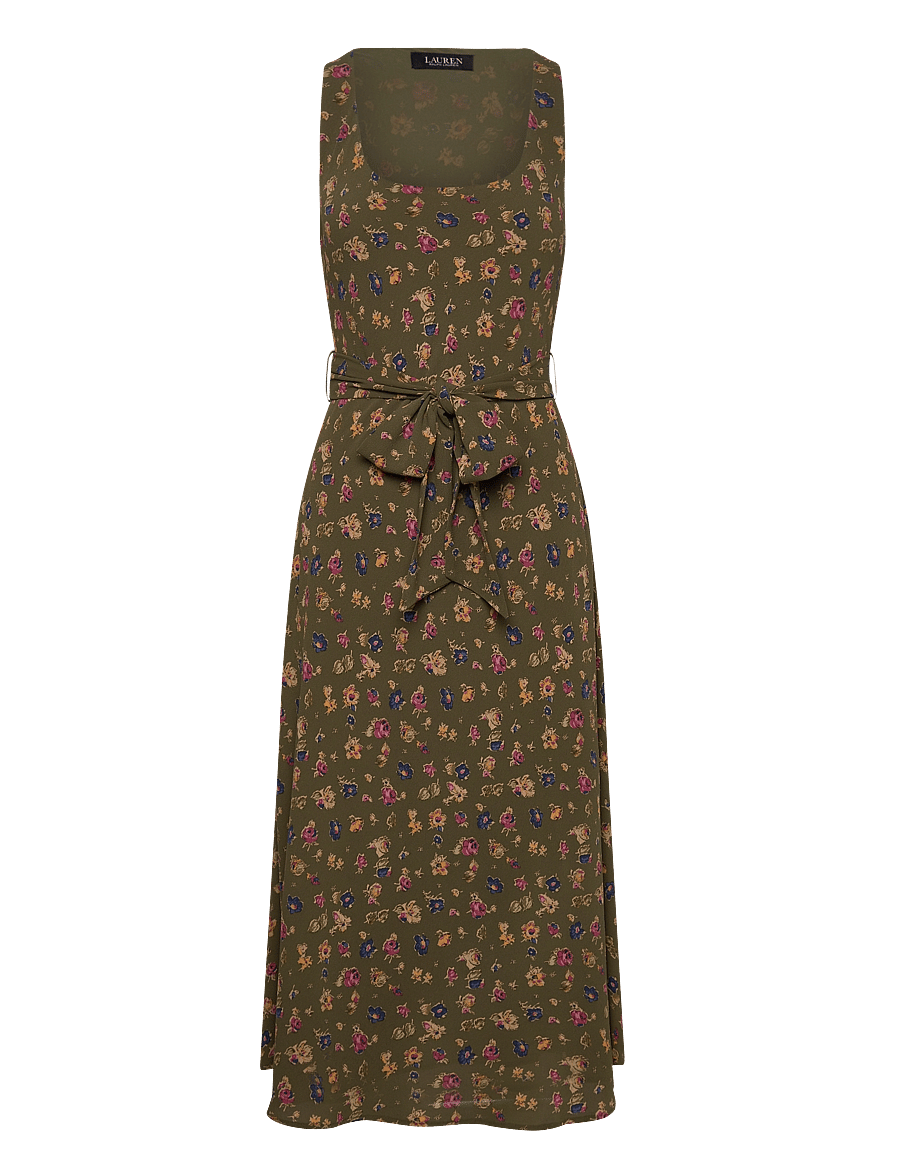 Lauren Ralph Lauren - Floral Belted Crepe Sleeveless Dress - sommerkleider - olive multi - 0