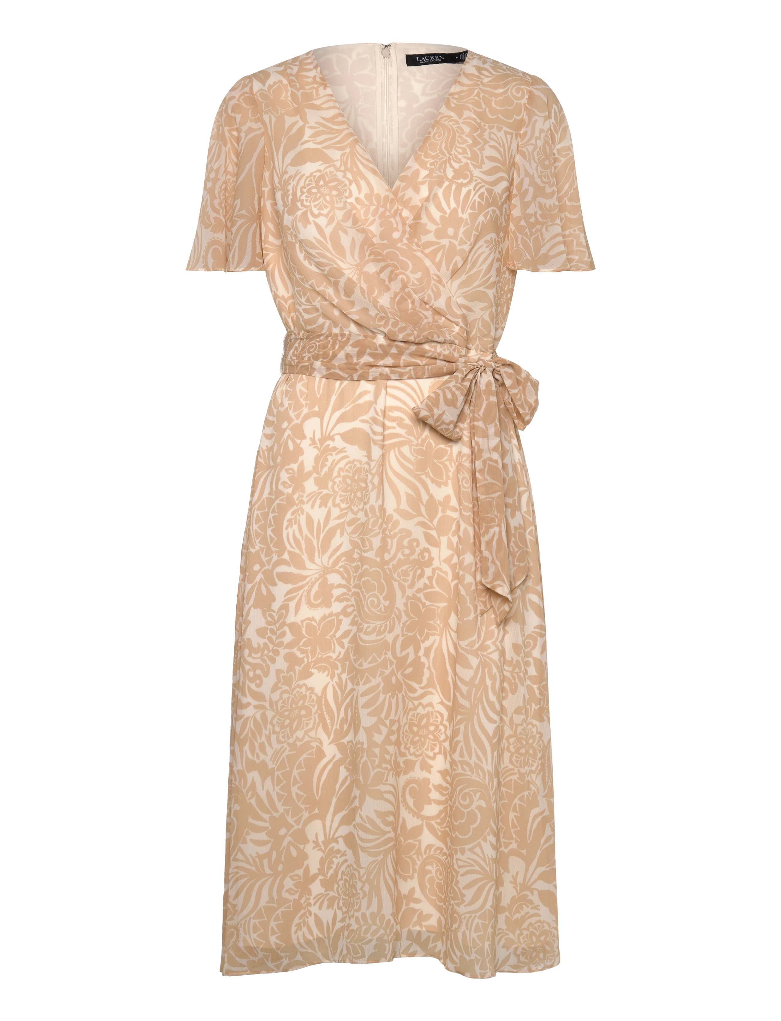 LAUREN RALPH LAUREN Floral Belted Crinkle Georgette Kleid Beige - 32 - Damen
