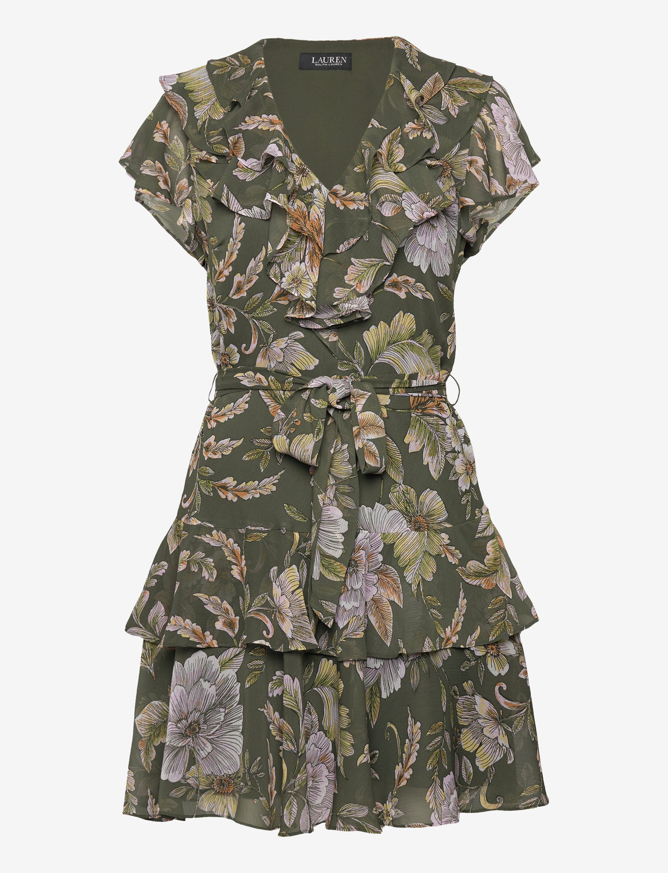 Lauren Ralph Lauren - Floral Belted Crinkle Georgette Dress - sommerkleider - olive multi - 0