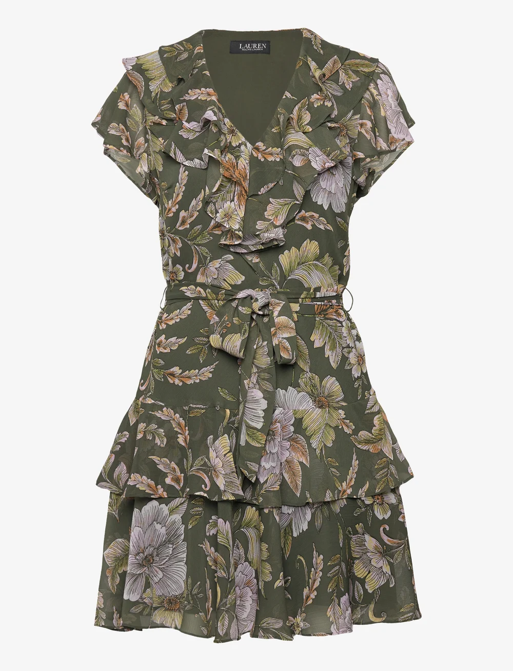 Lauren Ralph Lauren - Floral Belted Crinkle Georgette Dress - sommerkjoler - olive multi - 0