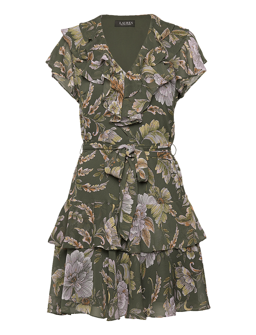 Lauren Ralph Lauren - Floral Belted Crinkle Georgette Dress - robes d'été - olive multi - 0