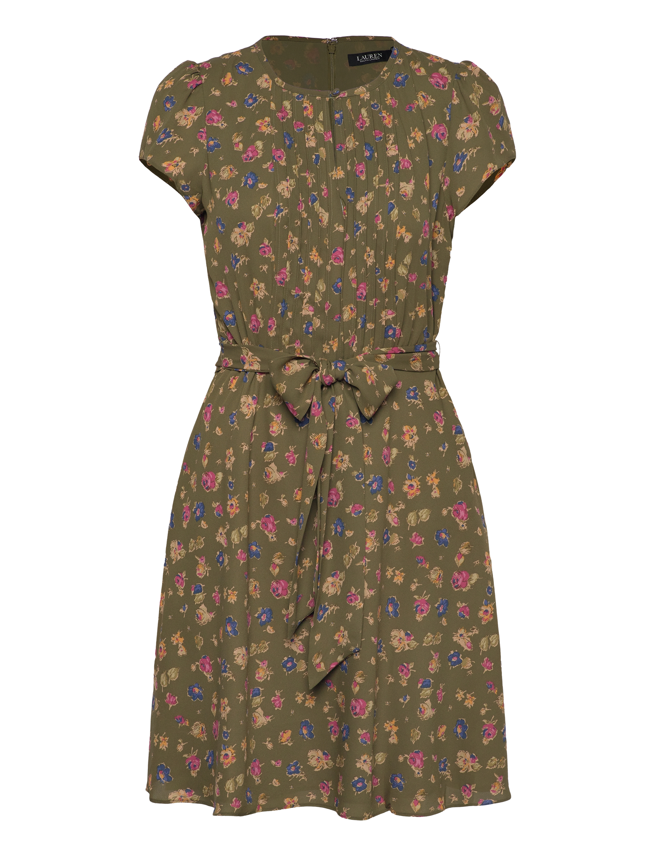 Lauren Ralph Floral Belted Georgette Pintucked Dress, 40, Dresses, Grün - Knee-length & Midi, Frauen