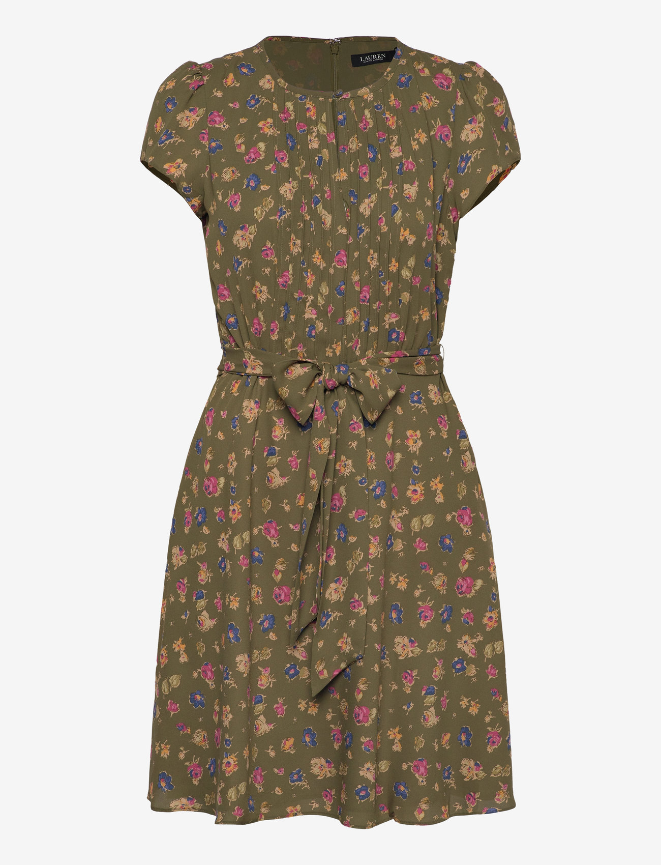 Lauren Ralph Lauren - Floral Belted Georgette Pintucked Dress - midiklänningar - olive multi - 0