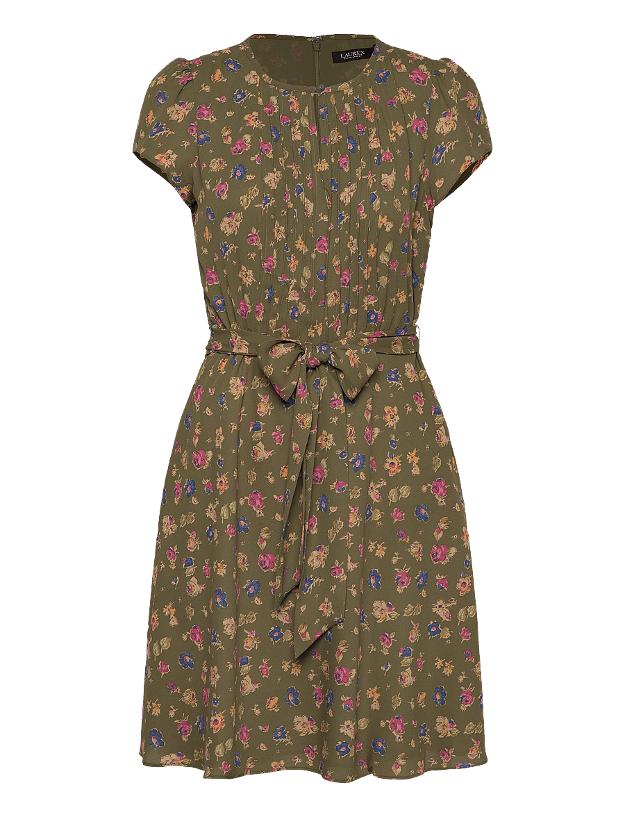 Lauren Ralph Lauren - Floral Belted Georgette Pintucked Dress - olive multi - 0