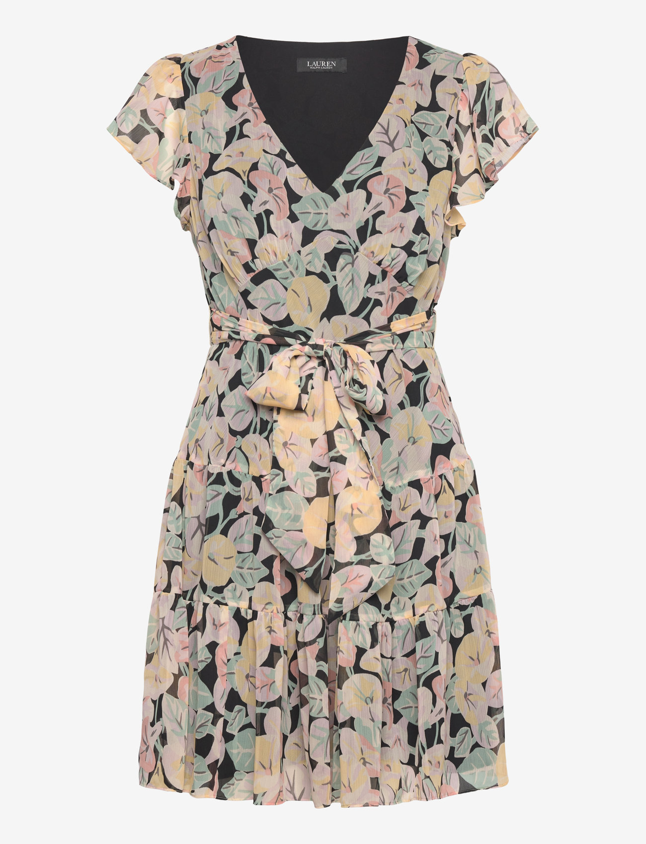 Lauren Ralph Lauren - Floral Belted Georgette Tiered Dress - sommarklänningar - black/pink/green - 0