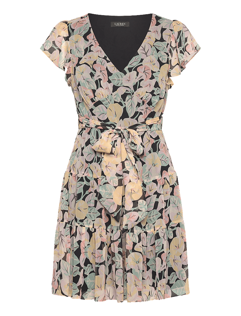 Lauren Ralph Lauren - Floral Belted Georgette Tiered Dress - sommarklänningar - black/pink/green - 0