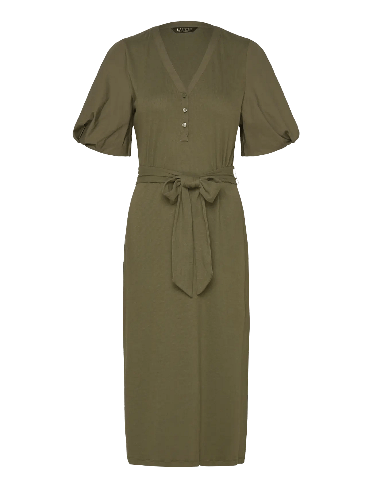 Lauren Ralph Lauren | Belted Rib-Knit Puff-Sleeve Dress | L