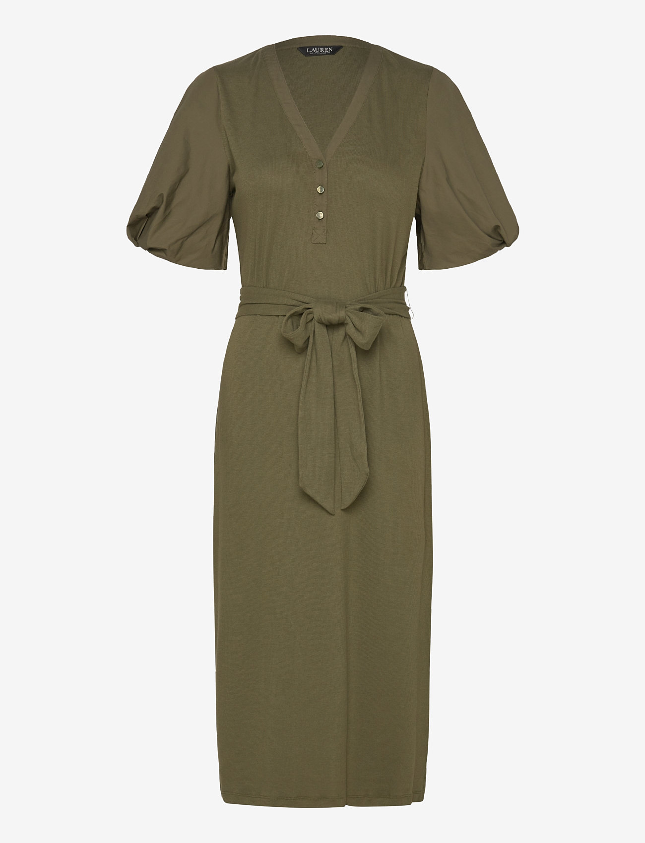 Lauren Ralph Lauren - Belted Rib-Knit Puff-Sleeve Dress - midiklänningar - olive grove - 0