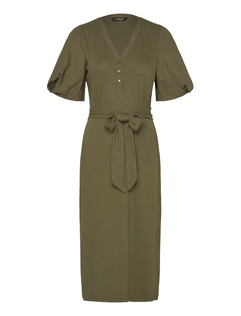 Lauren Ralph Lauren - Belted Rib-Knit Puff-Sleeve Dress - midikleider - olive grove - 0