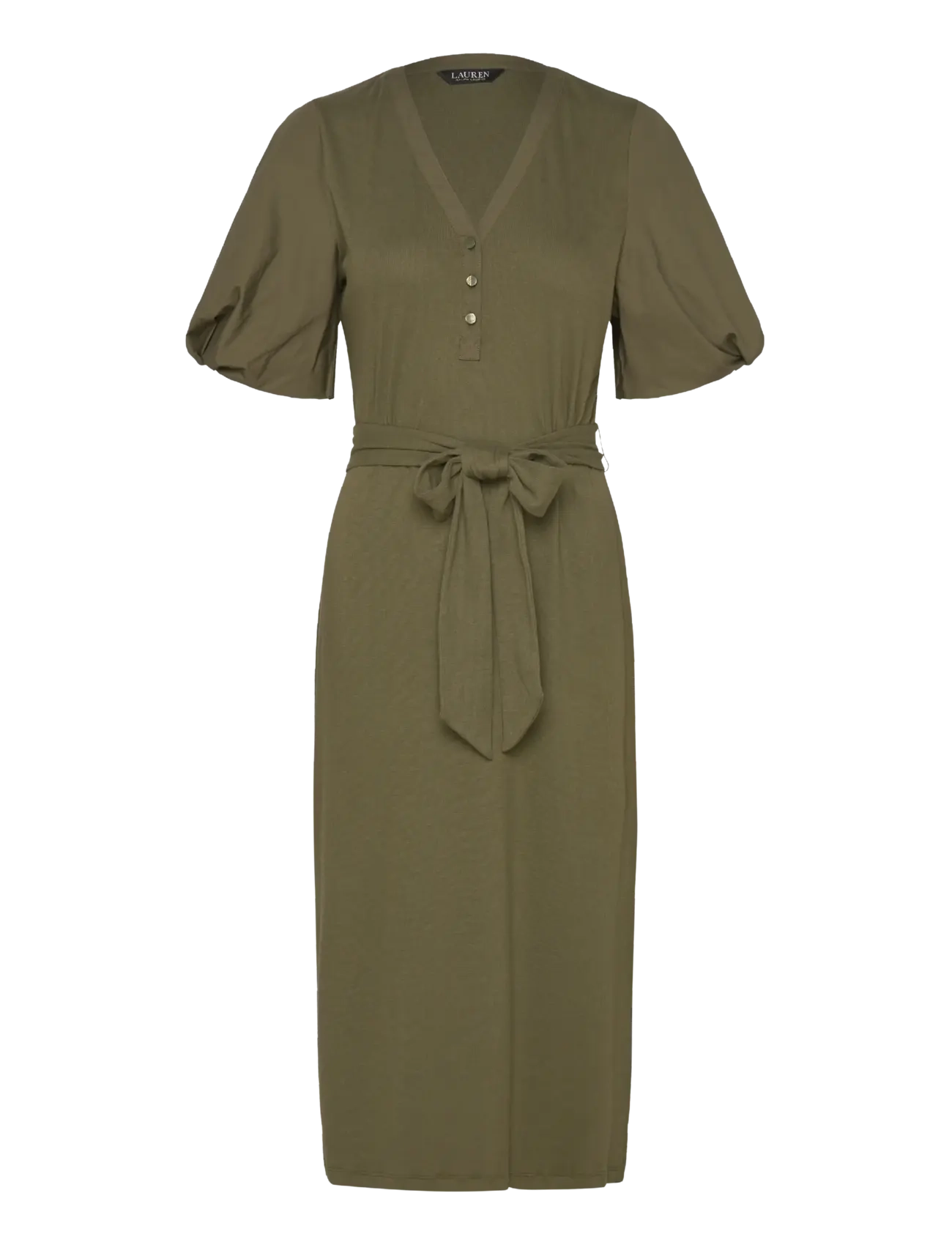 Lauren Ralph Lauren Belted Rib-Knit Puff-Sleeve Dress - Riided - OLIVE GROVE / khaki/green