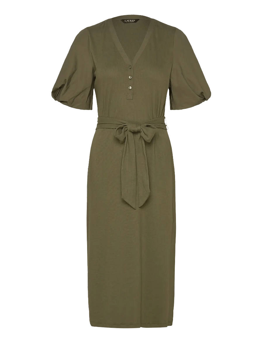 Lauren Ralph Lauren - Belted Rib-Knit Puff-Sleeve Dress - midikleider - olive grove - 0