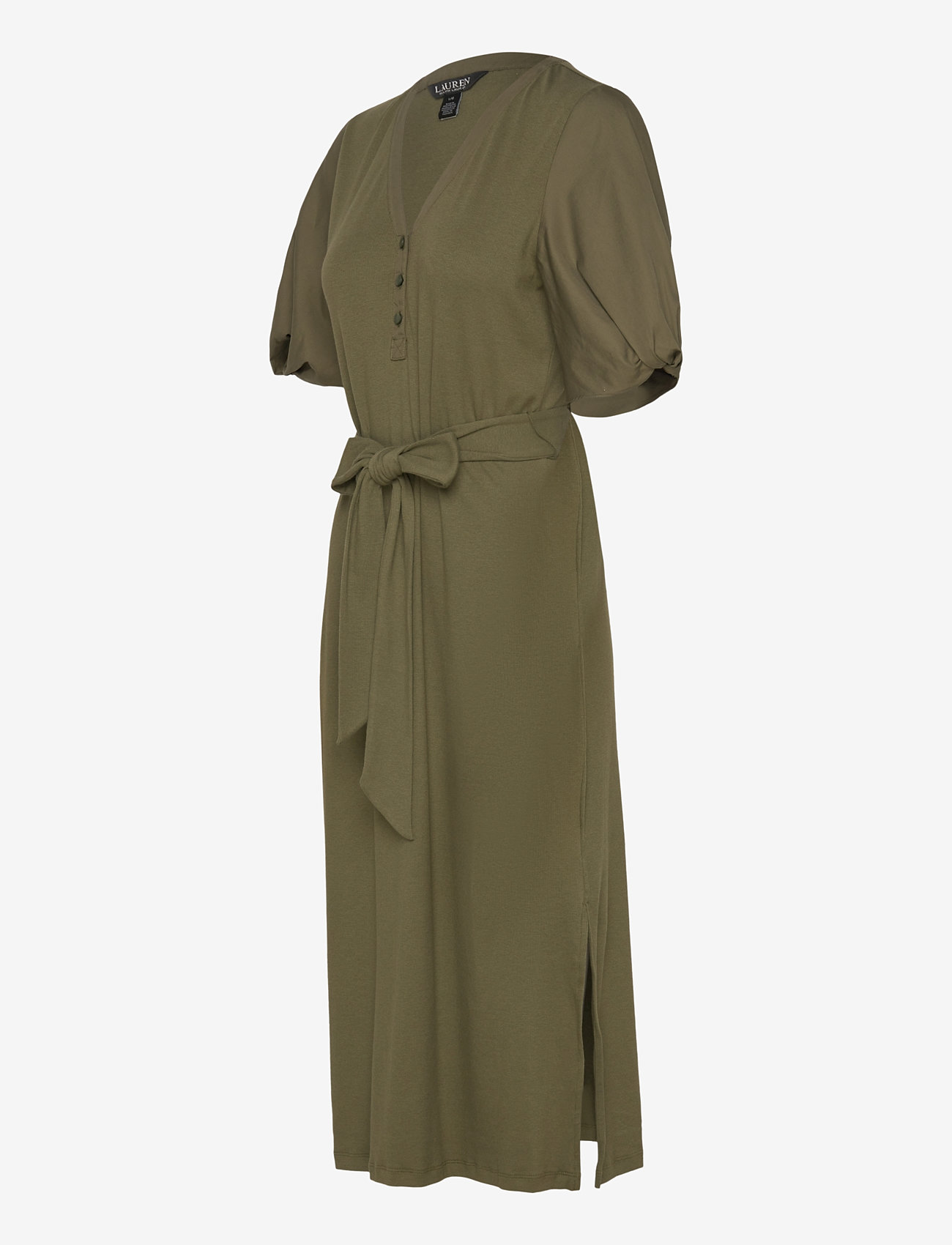 Lauren Ralph Lauren - Belted Rib-Knit Puff-Sleeve Dress - midiklänningar - olive grove - 2