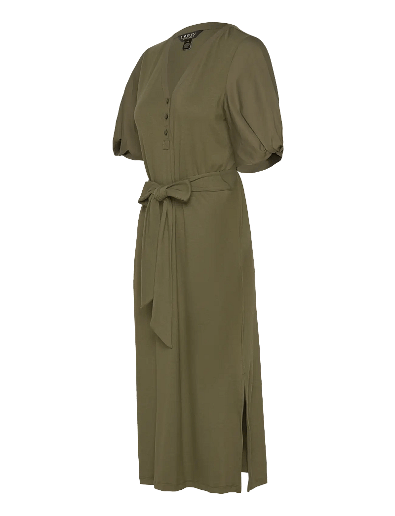 Lauren Ralph Lauren - Belted Rib-Knit Puff-Sleeve Dress - midikleider - olive grove - 2