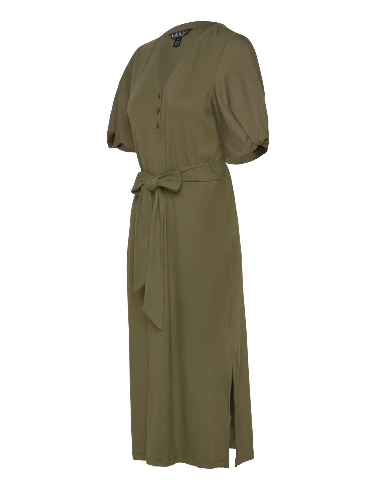 Lauren Ralph Lauren - Belted Rib-Knit Puff-Sleeve Dress - midikleider - olive grove - 2