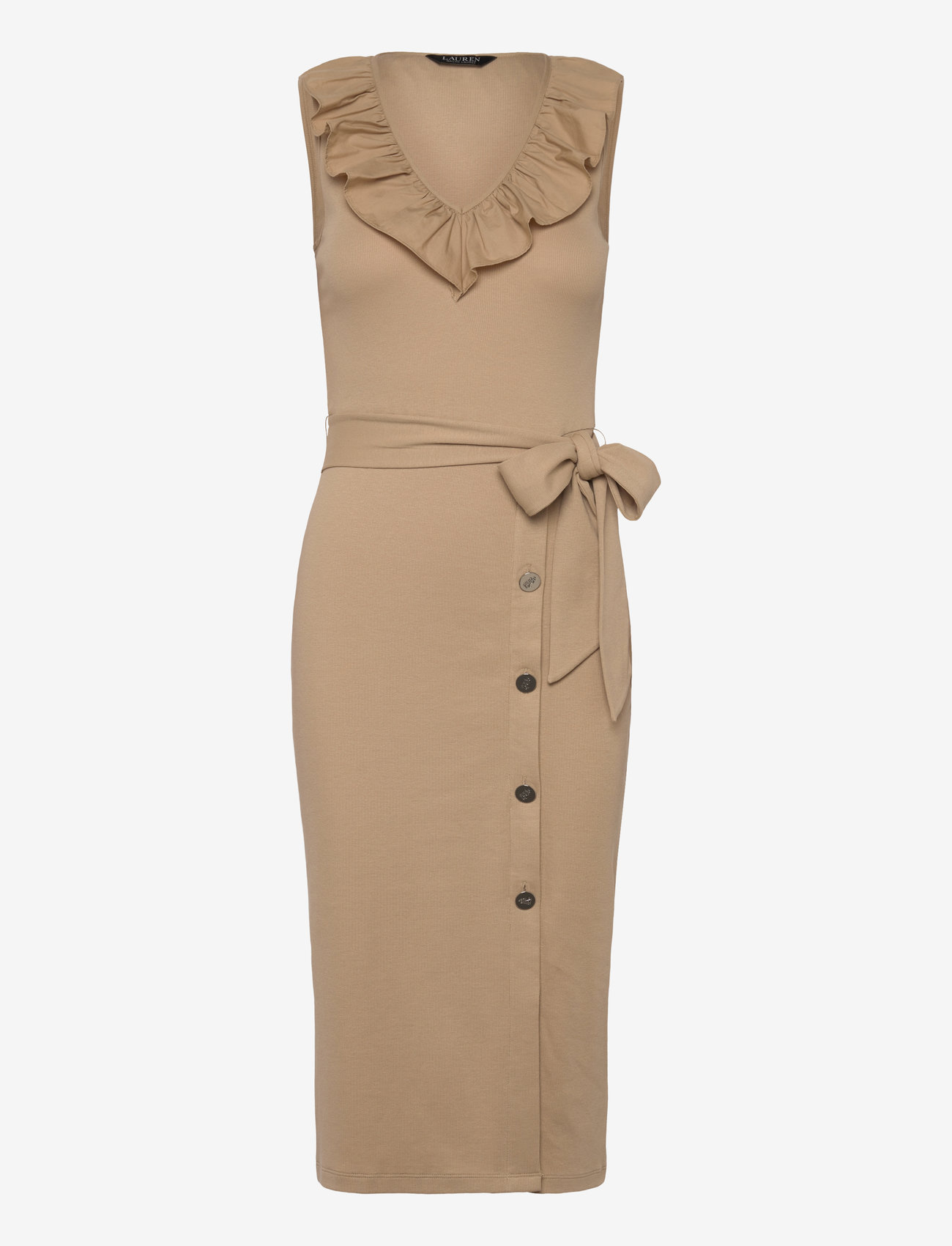 Lauren Ralph Lauren - Button-Trim Rib-Knit Sleeveless Dress - cocktailklänningar - sand dune - 0