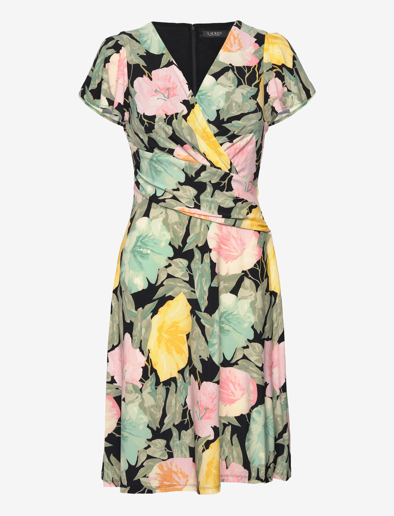 Lauren Ralph Lauren - Floral Stretch Jersey Surplice Dress - midi kjoler - black/pink/green - 0