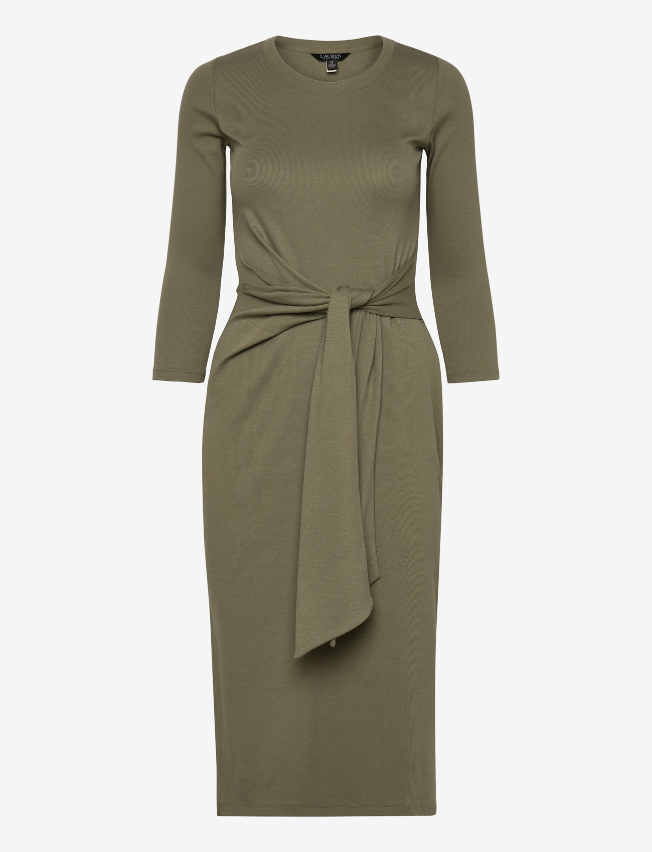 Lauren Ralph Lauren - Tie-Front Cotton-Blend Crewneck Dress - stickade klänningar - sage green - 0
