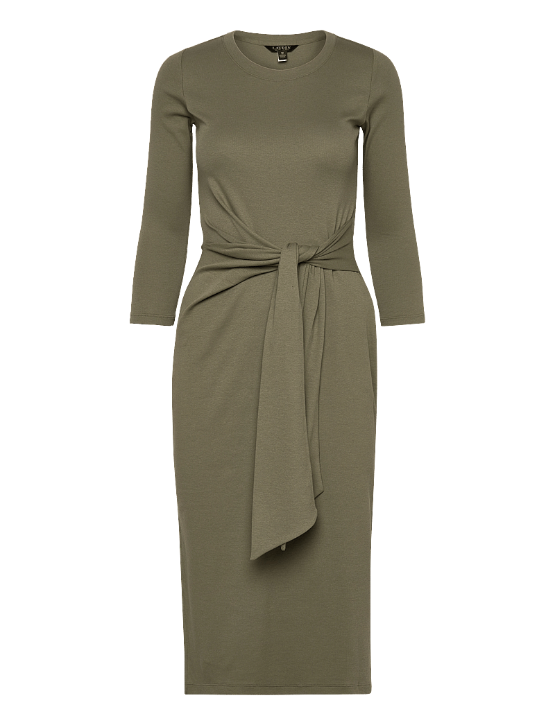 Lauren Ralph Lauren - Tie-Front Cotton-Blend Crewneck Dress - knitted dresses - sage green - 0