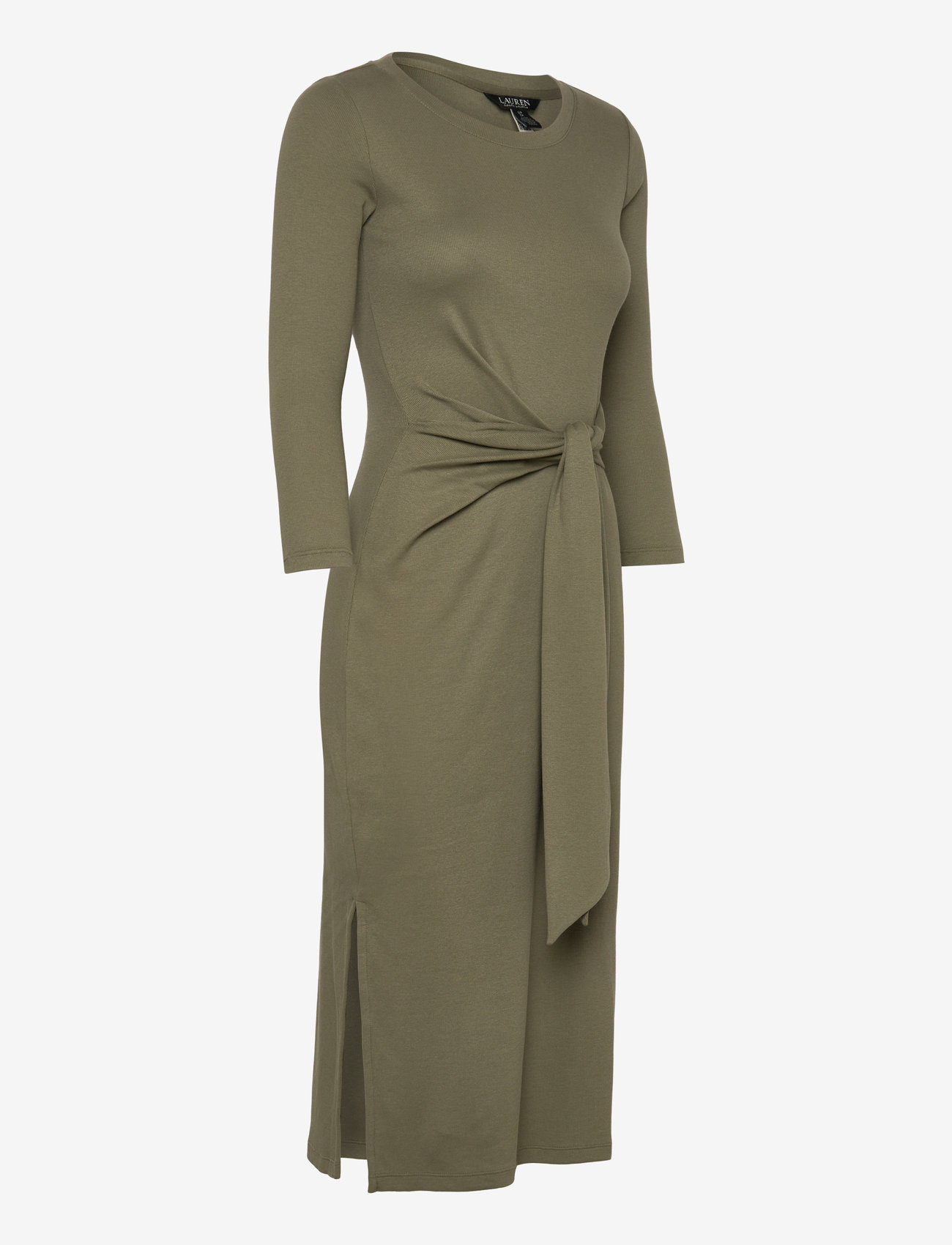 Lauren Ralph Lauren - Tie-Front Cotton-Blend Crewneck Dress - stickade klänningar - sage green - 2