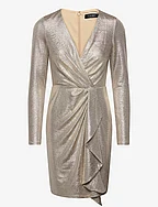 Metallic Knit Surplice Cocktail Dress - BIRCH TAN/GOLD FO
