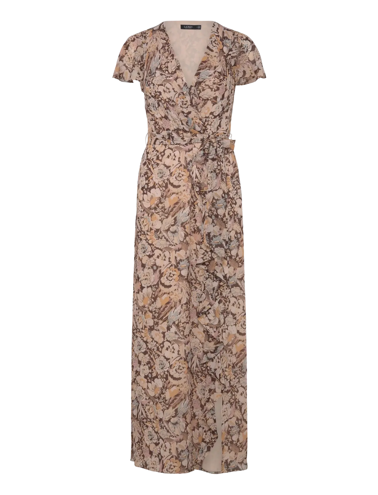LAUREN RALPH LAUREN Floral Belted Flutter-Sleeve Gown Braun - 32 - Damen