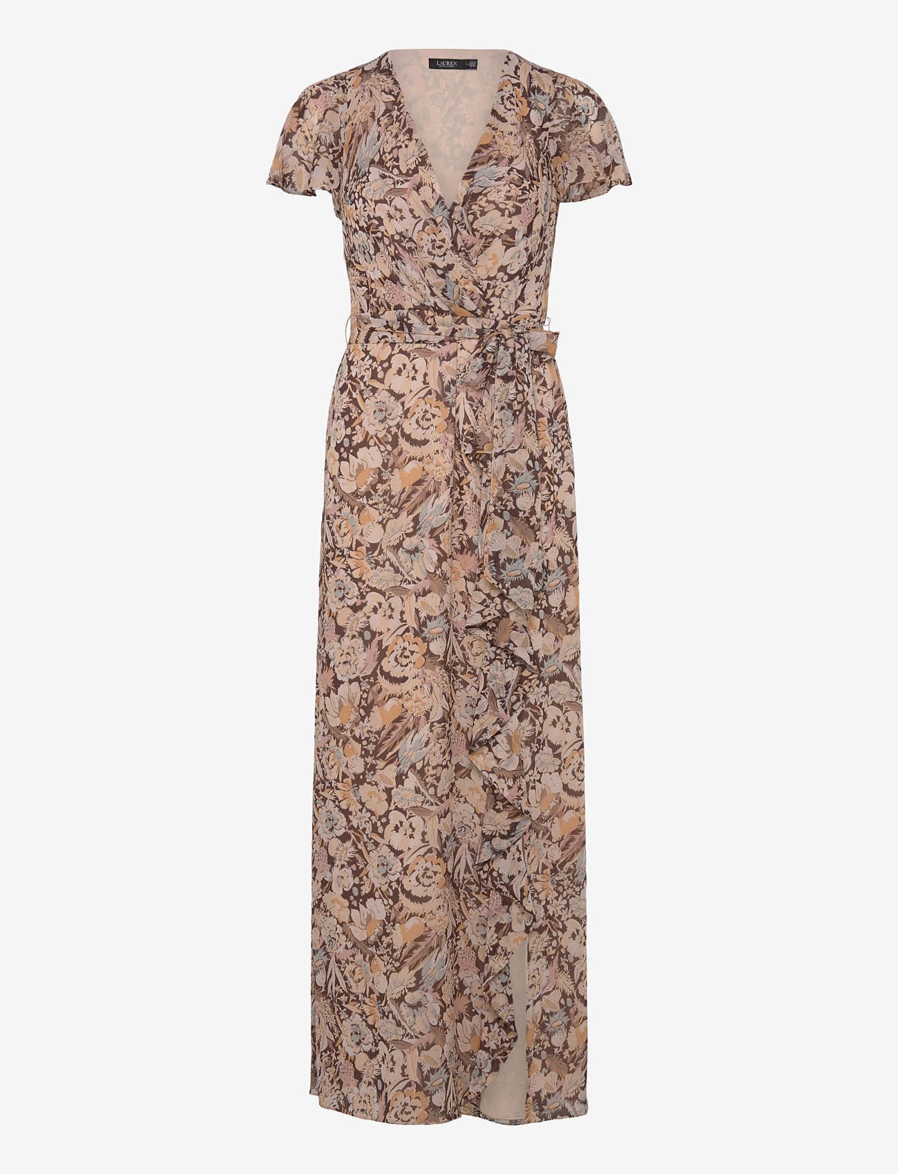 Lauren Ralph Lauren - Floral Belted Flutter-Sleeve Gown - omlottklänningar - brown multi - 0