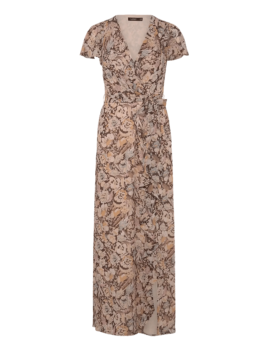 Lauren Ralph Lauren - Floral Belted Flutter-Sleeve Gown - robes portefeuille - brown multi - 0