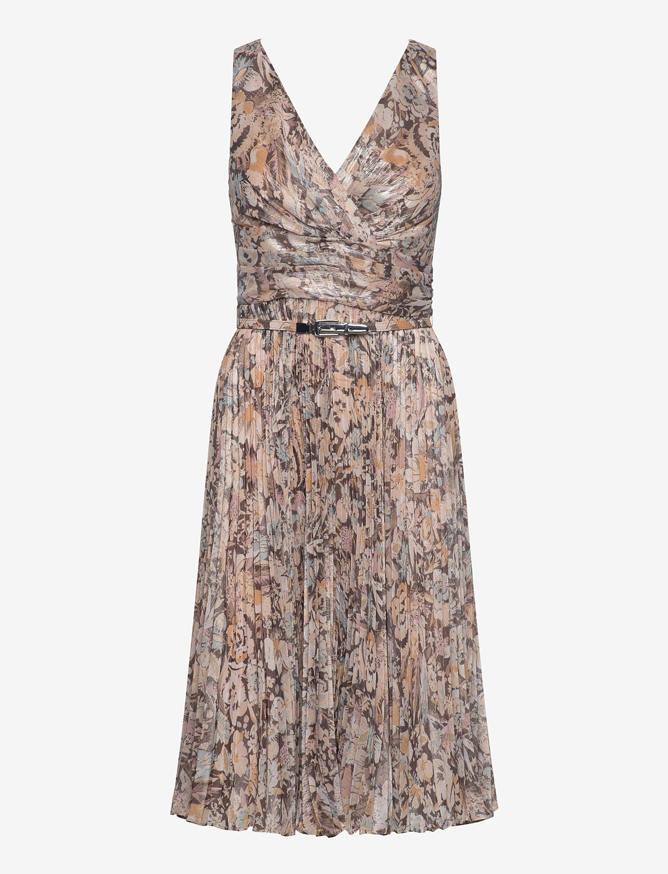 Lauren Ralph Lauren - Floral Metallic Chiffon Cocktail Dress - midiklänningar - brown multi - 0