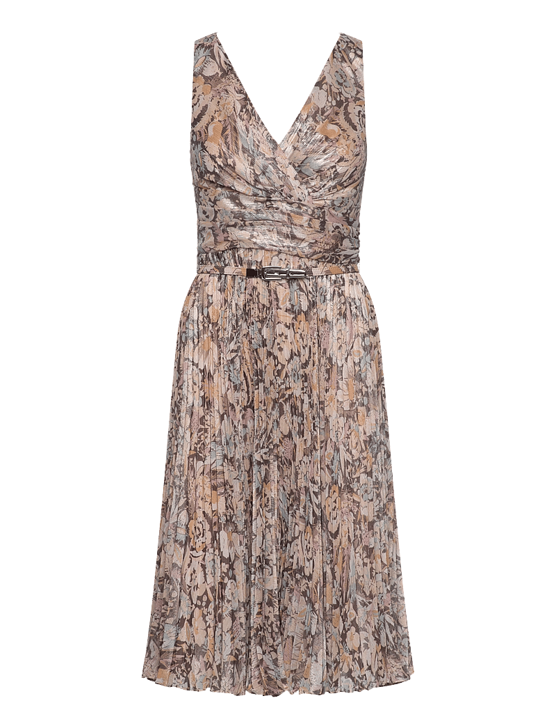 Lauren Ralph Lauren - Floral Metallic Chiffon Cocktail Dress - midiklänningar - brown multi - 0