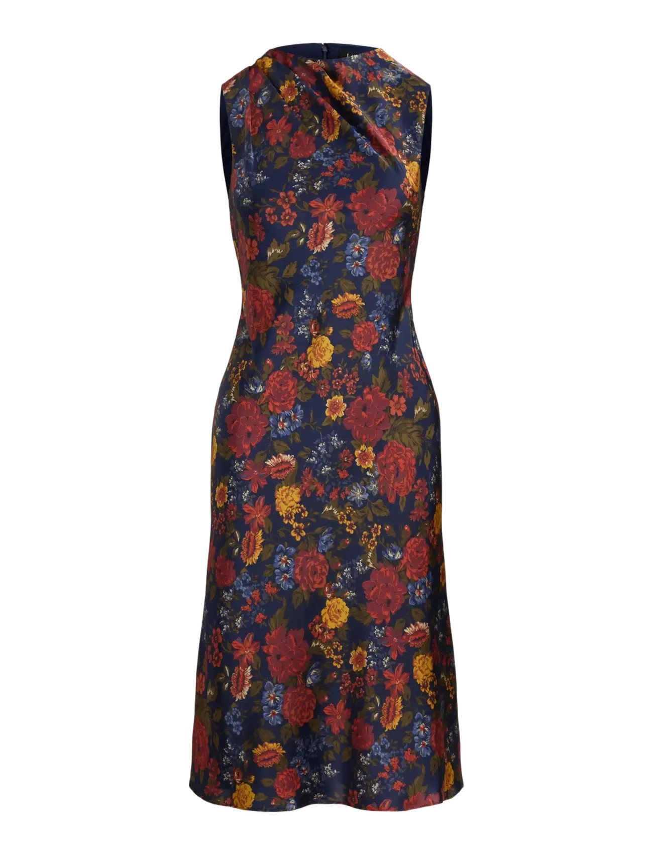 Floral Pleated Charmeuse Cocktail Dress - NAVY MULTI