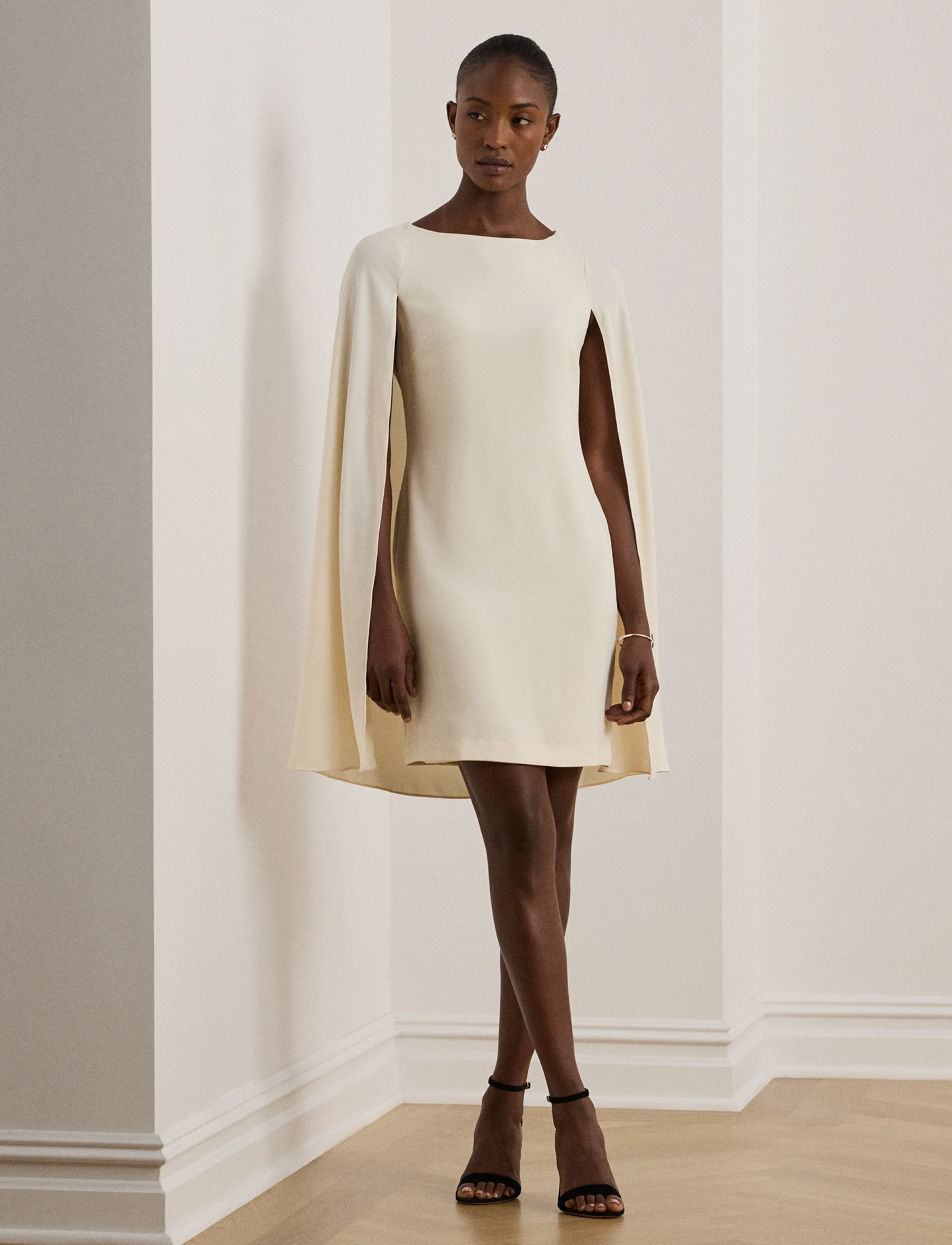Lauren Ralph Cape Georgette Cocktail Dress, 34, Designer, Creme - Party Dresses, Frauen