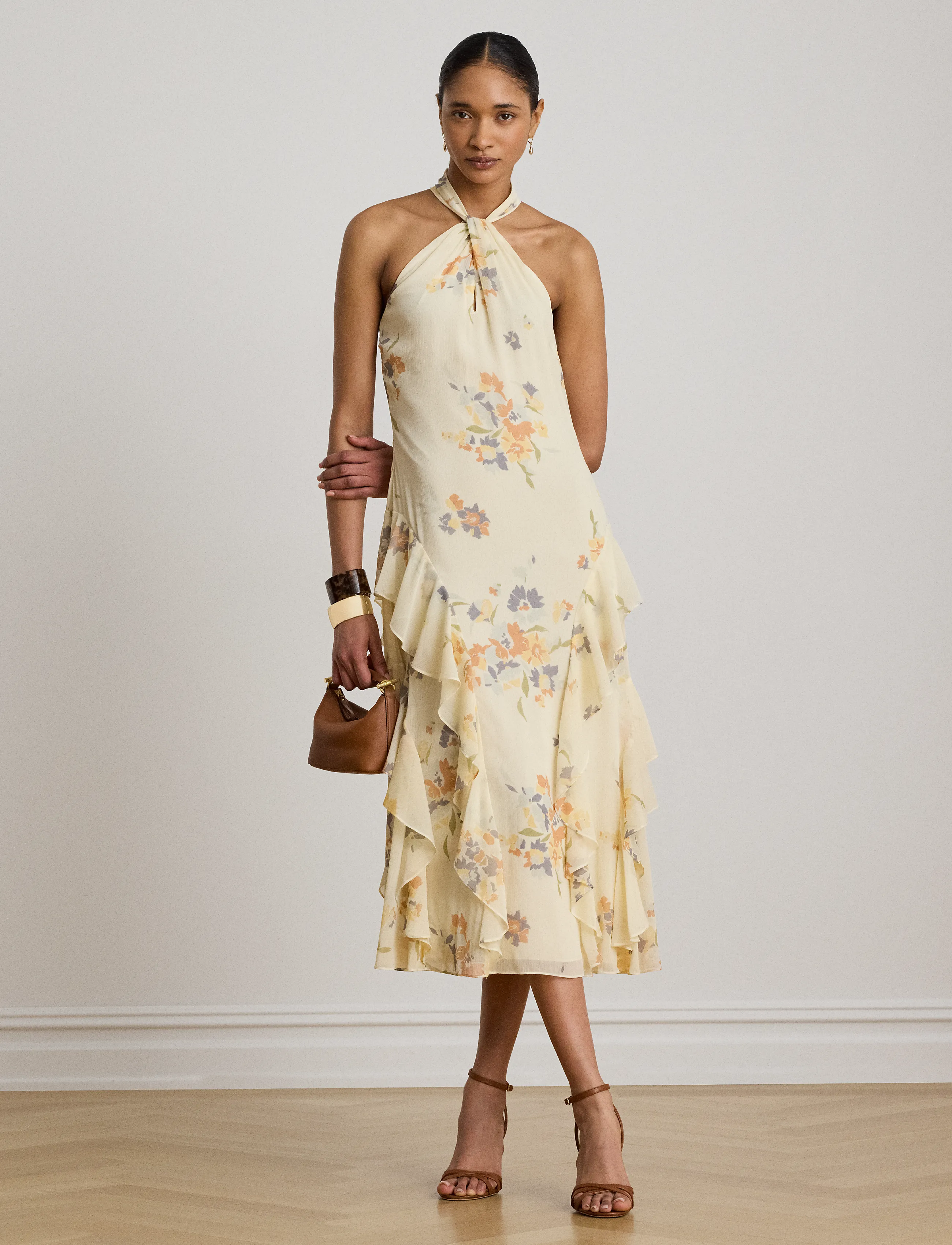 Lauren Ralph Lauren Floral Ruffle-Trim Halter Cocktail Dress, 32, Cream, Kjoler > Knælange Og Midi, Dame