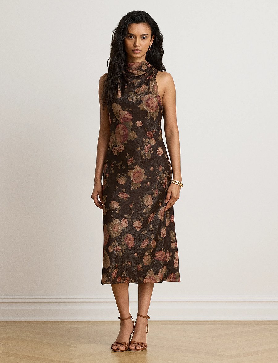 Lauren Ralph Lauren - Floral Georgette Mockneck Cocktail Dress - cocktailkjoler - brown multi - 0