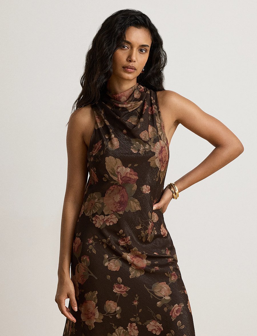 Lauren Ralph Lauren - Floral Georgette Mockneck Cocktail Dress - cocktailkjoler - brown multi - 4