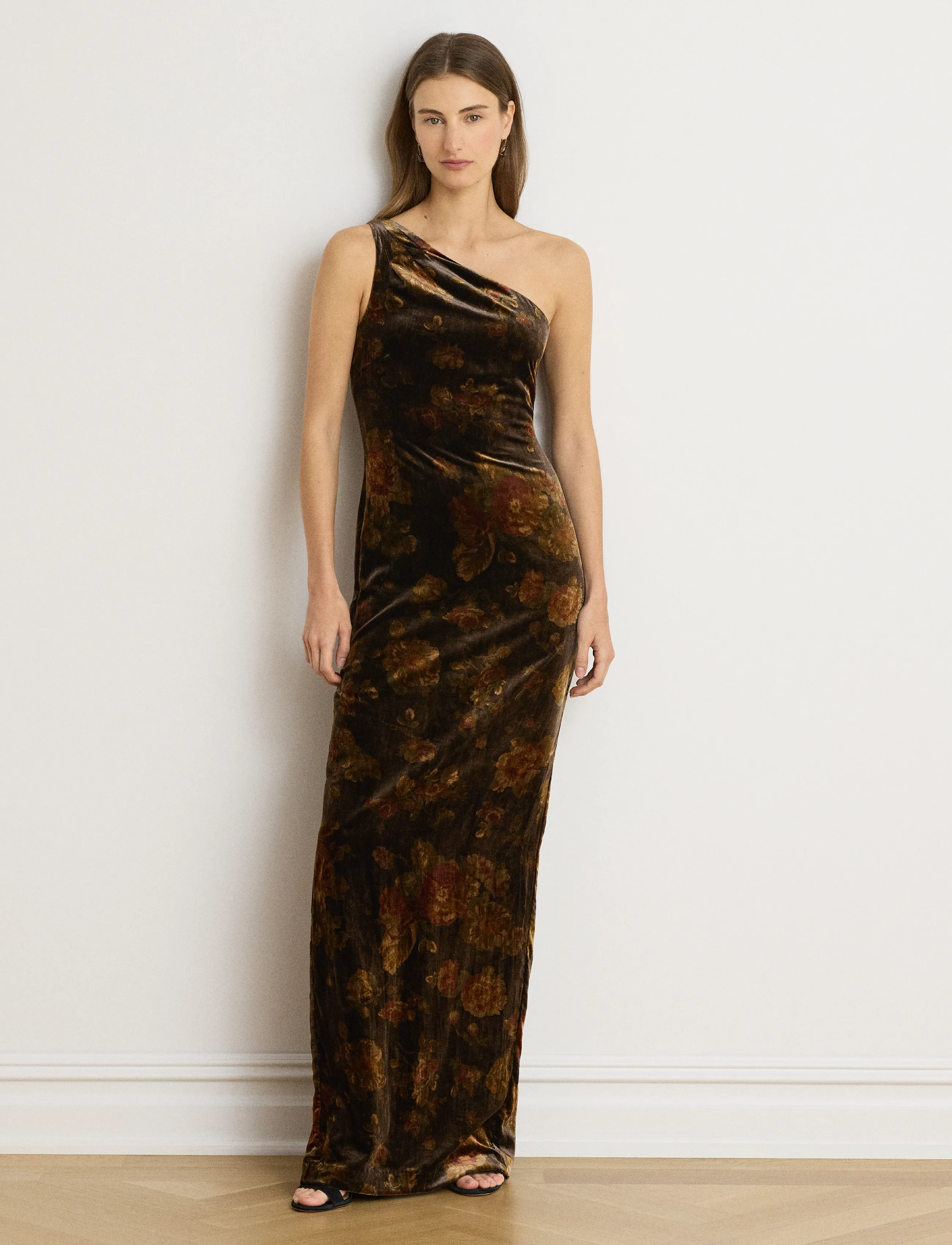 Lauren Ralph Lauren Floral Velvet One-Shoulder Gown - Lauren Ralph Lauren - BROWN MULTI / brown
