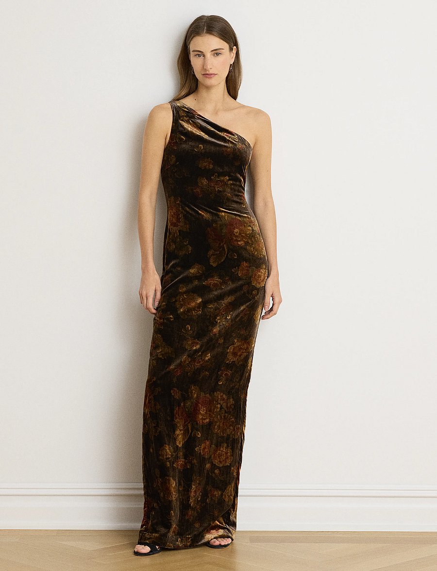 Lauren Ralph Lauren - Floral Velvet One-Shoulder Gown - partykleider - brown multi - 0