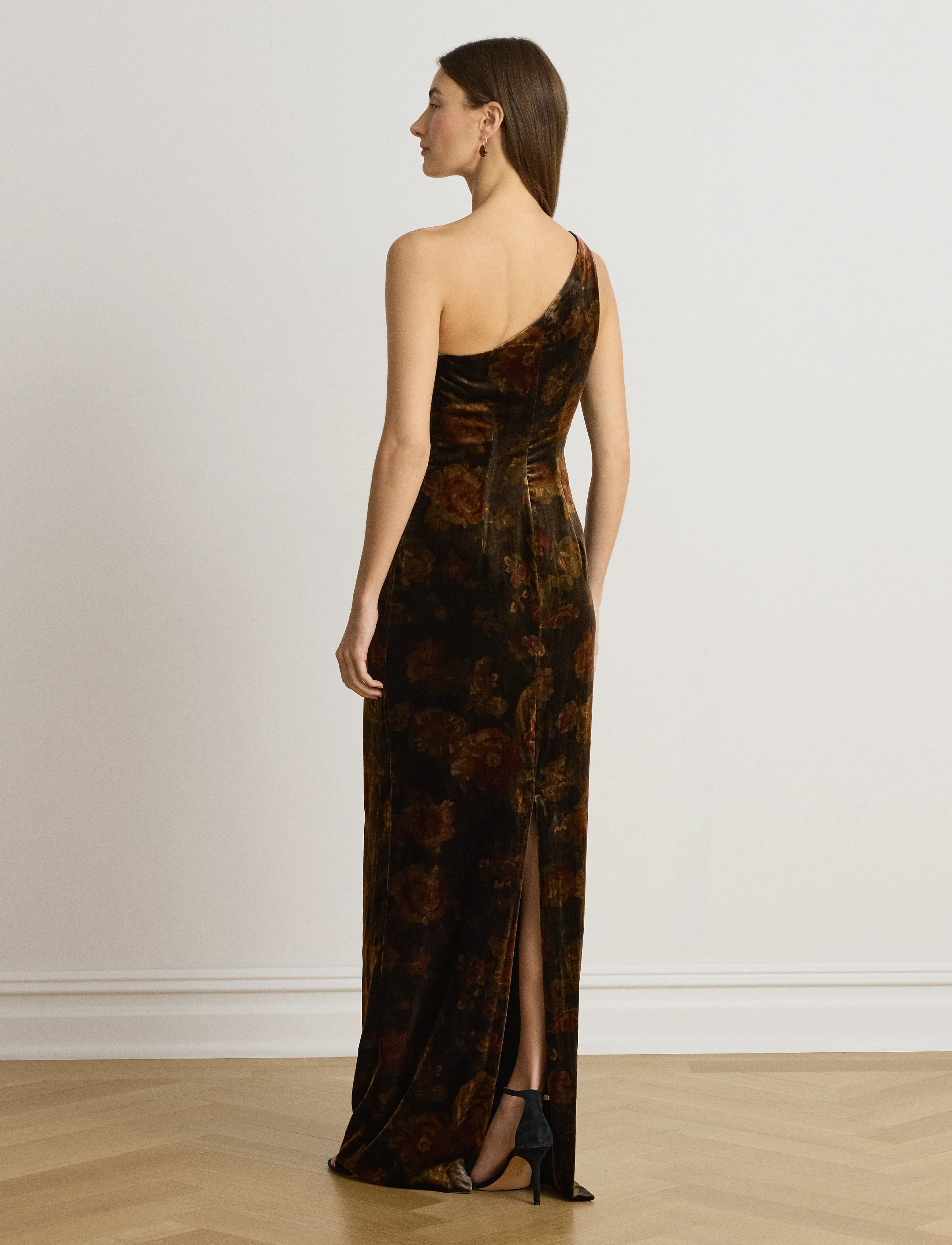 Lauren Ralph Lauren - Floral Velvet One-Shoulder Gown - festkjoler - brown multi - 2