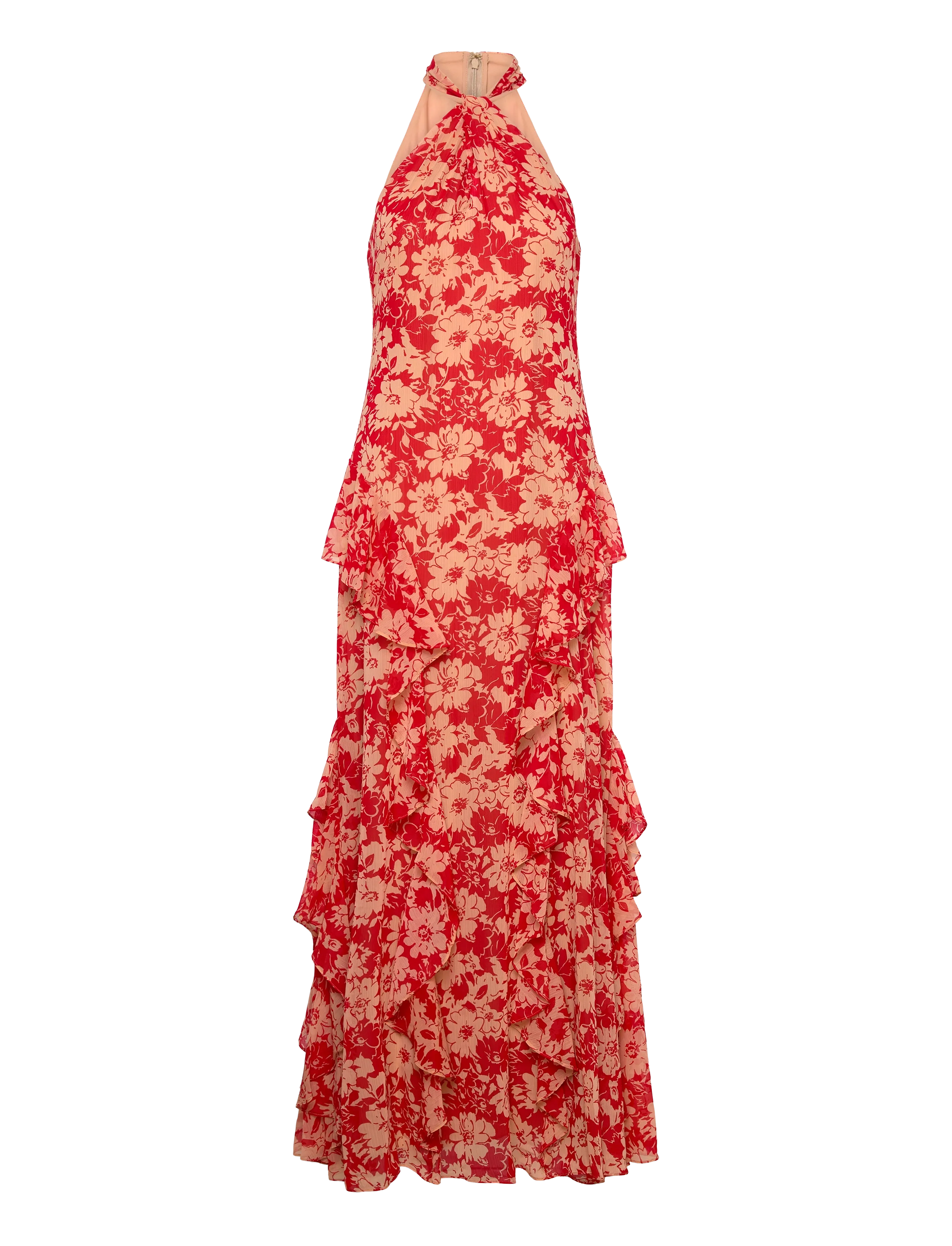 Lauren Ralph Lauren - Floral Ruffle-Trim Georgette Halter Gown - abendkleider - red/tan - 1