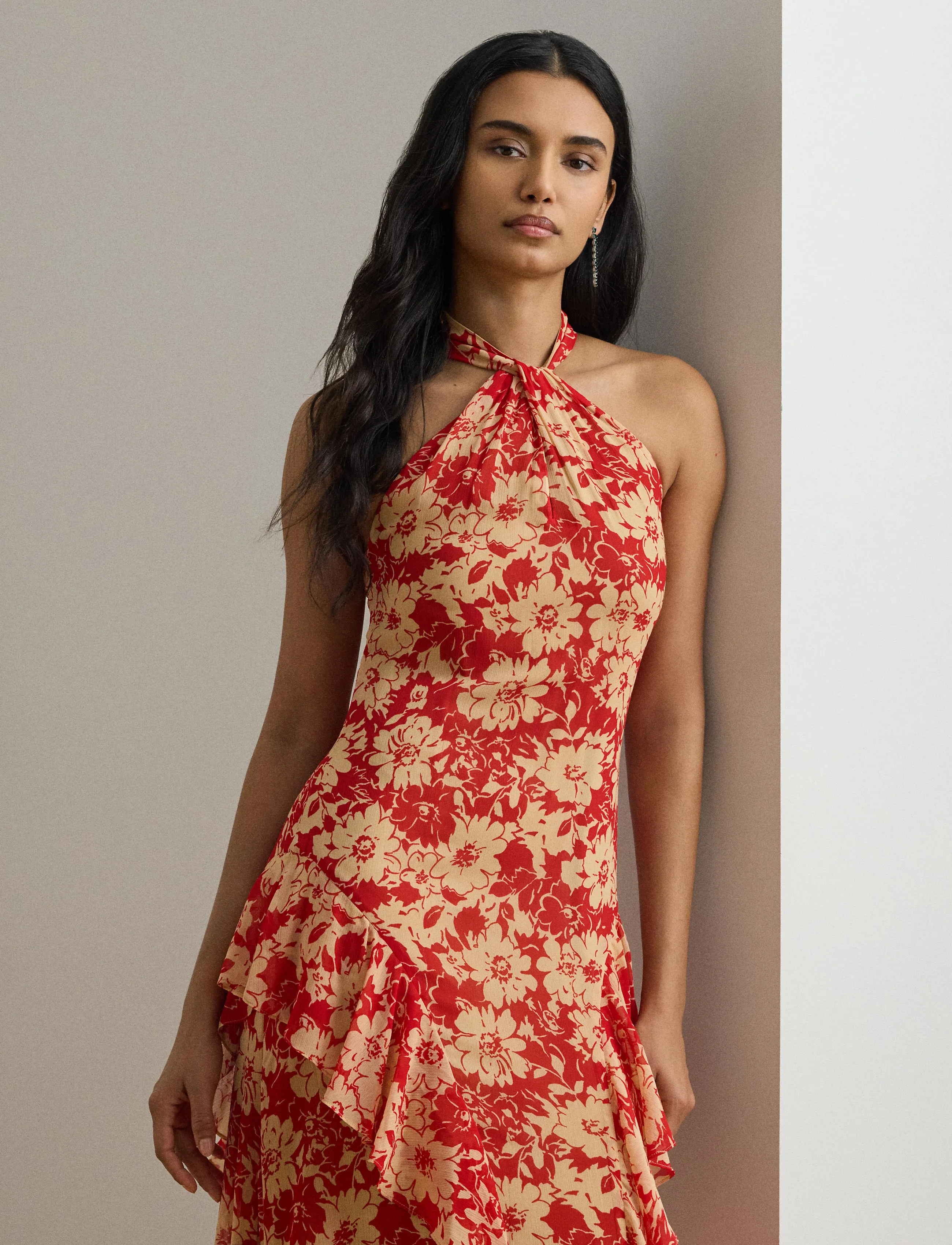 Lauren Ralph Floral Ruffle-Trim Georgette Halter Gown, 40, Dresses, Rot - Maxi Dress, Frauen