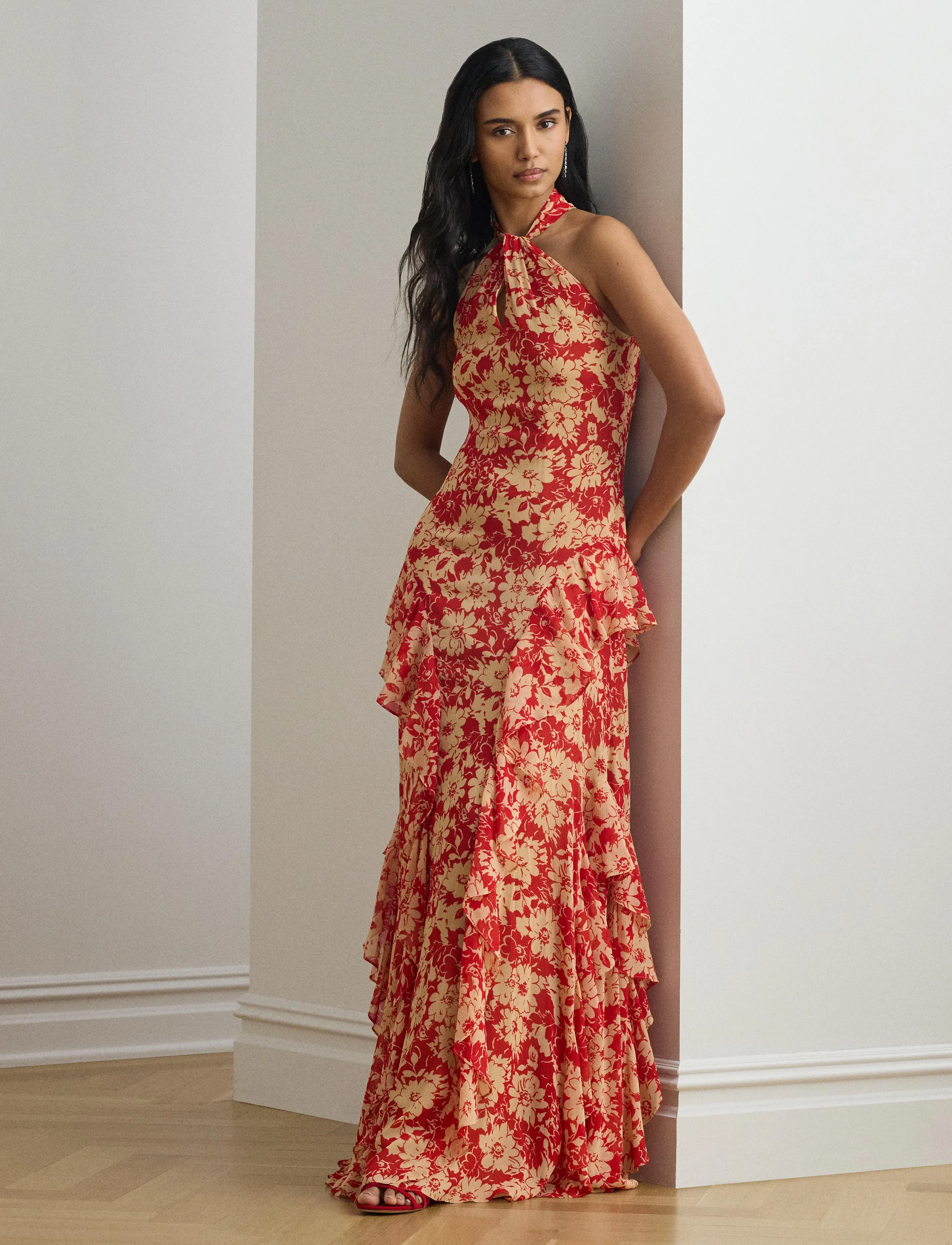 Lauren Ralph Lauren - Floral Ruffle-Trim Georgette Halter Gown - abendkleider - red/tan - 3